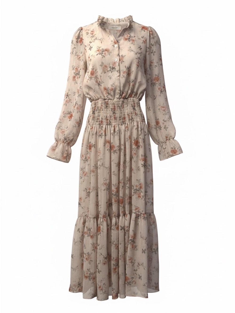Moirai Sz S floral Smocked Waist Long Sleeve Maxi Dress -